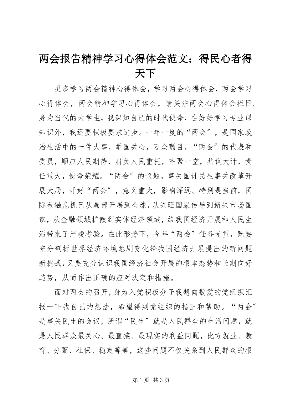 2023年两会报告精神学习心得体会得民心者得天下.docx_第1页