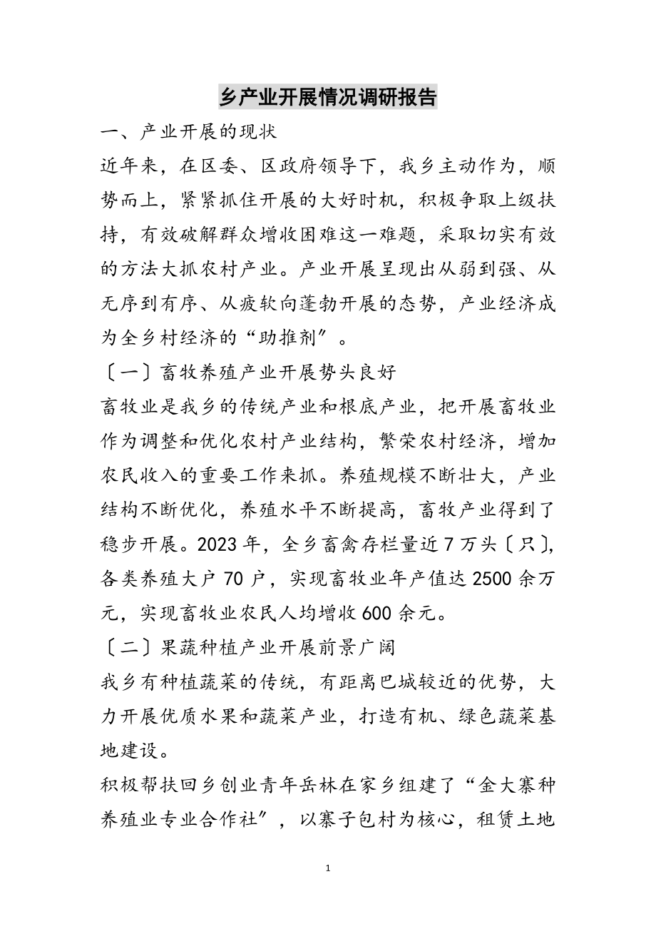 2023年乡产业发展情况调研报告范文.doc_第1页