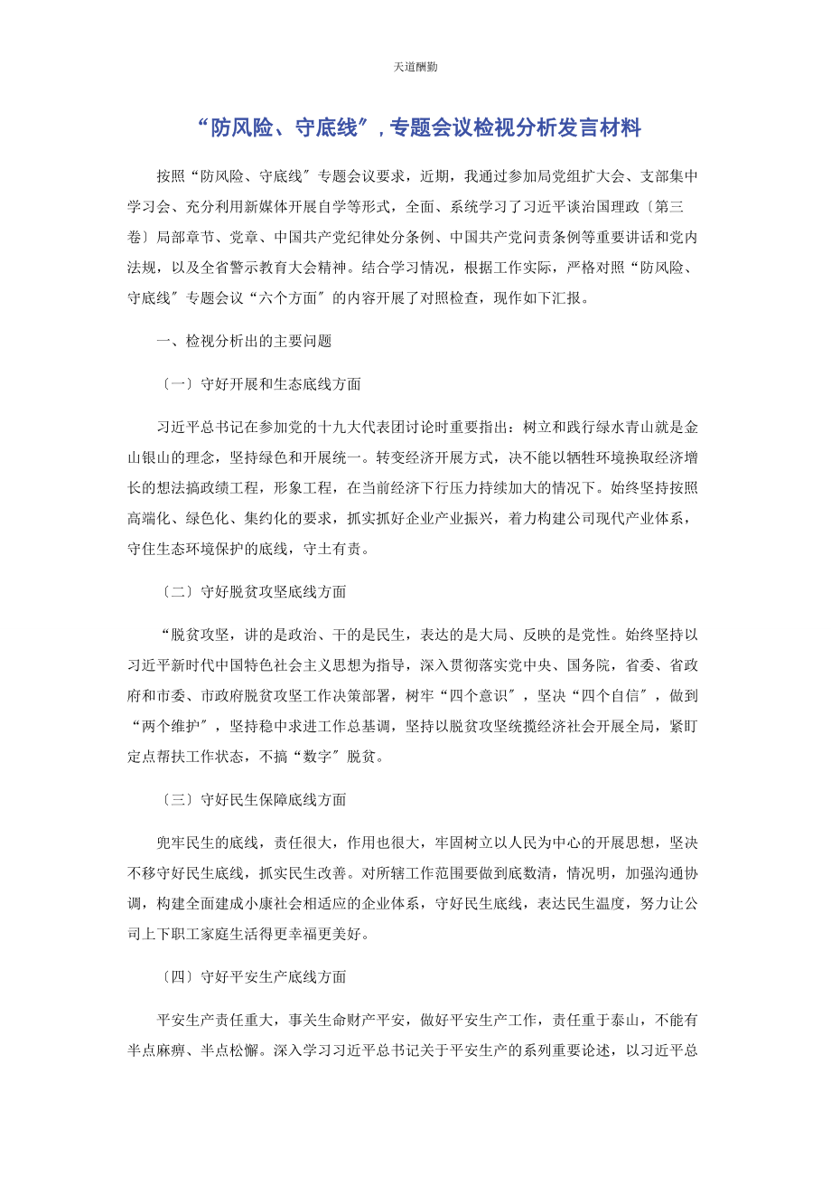 2023年“防风险守底线”专题会议检视分析发言材料.docx_第1页