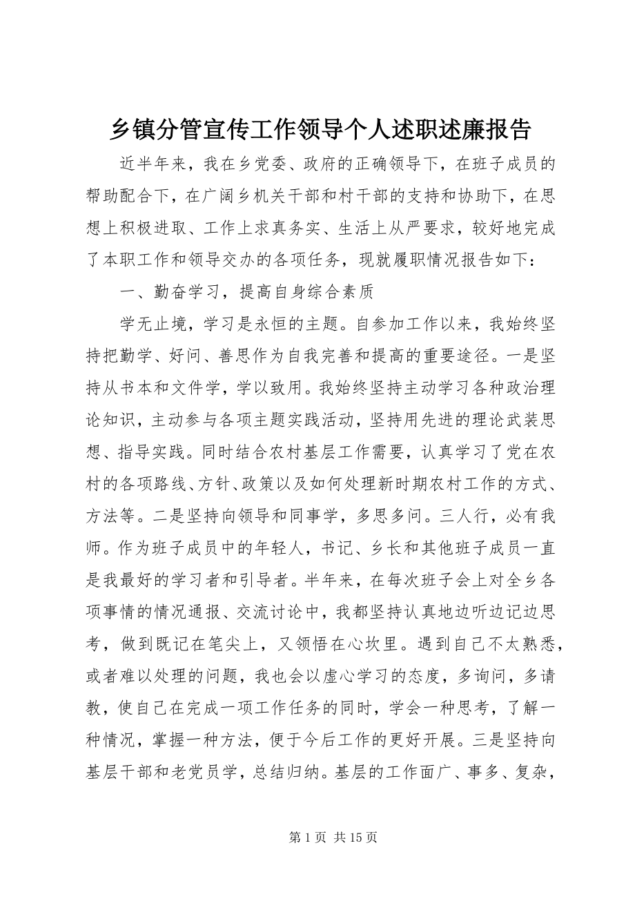 2023年乡镇分管宣传工作领导个人述职述廉报告.docx_第1页