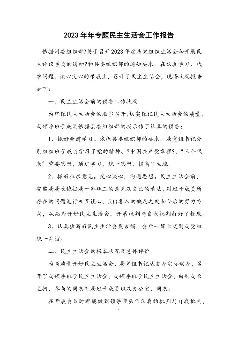 2023年专题民主生活会工作报告.docx_第1页