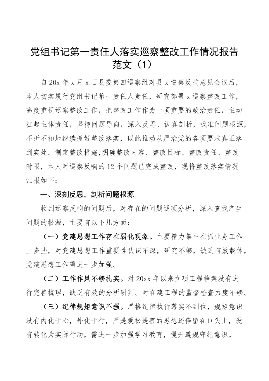 2023年书记抓巡察整改落实工作情况报告2篇党组书记集团公司企业党委书记第一责任人责任制工作汇报总结.docx_第1页