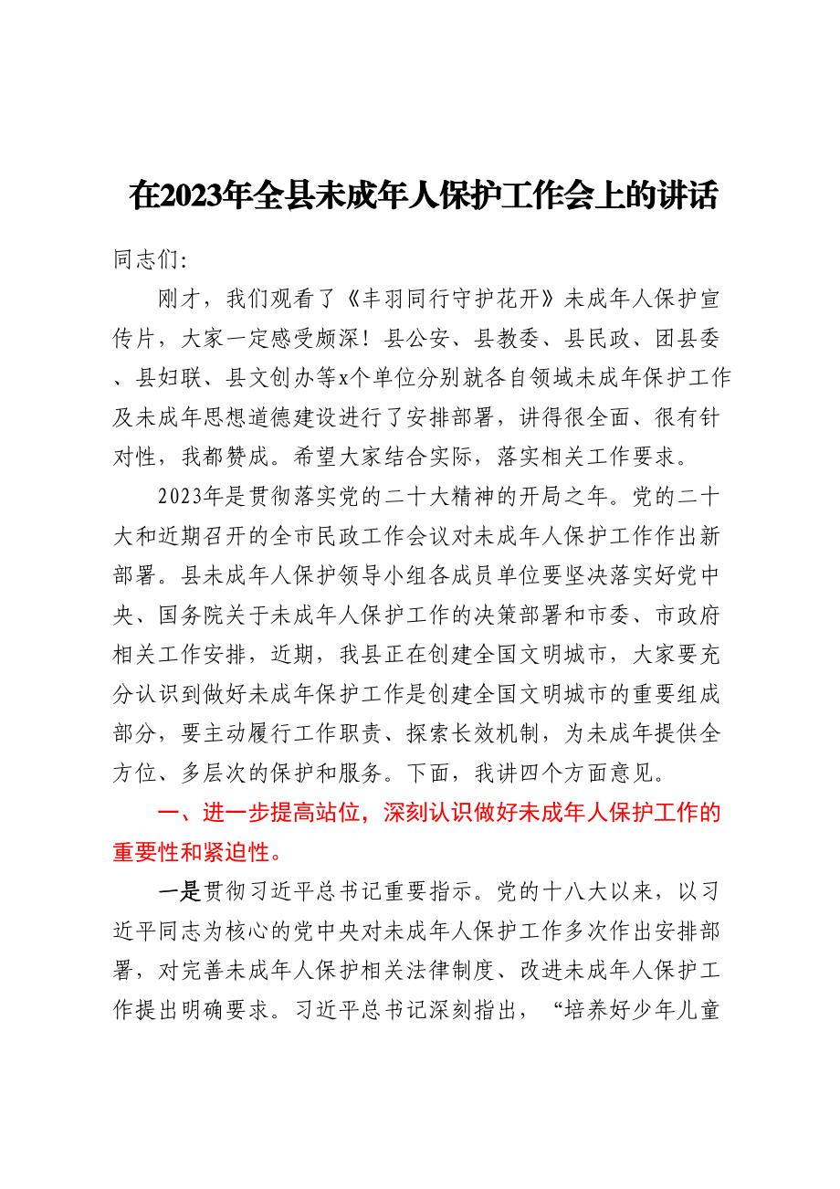 在2023年全县未成年人保护工作会上的讲话（范文）.docx_第1页