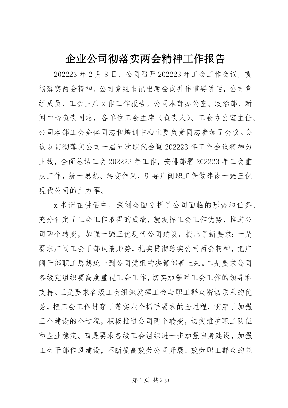 2023年企业公司彻落实两会精神工作报告.docx_第1页