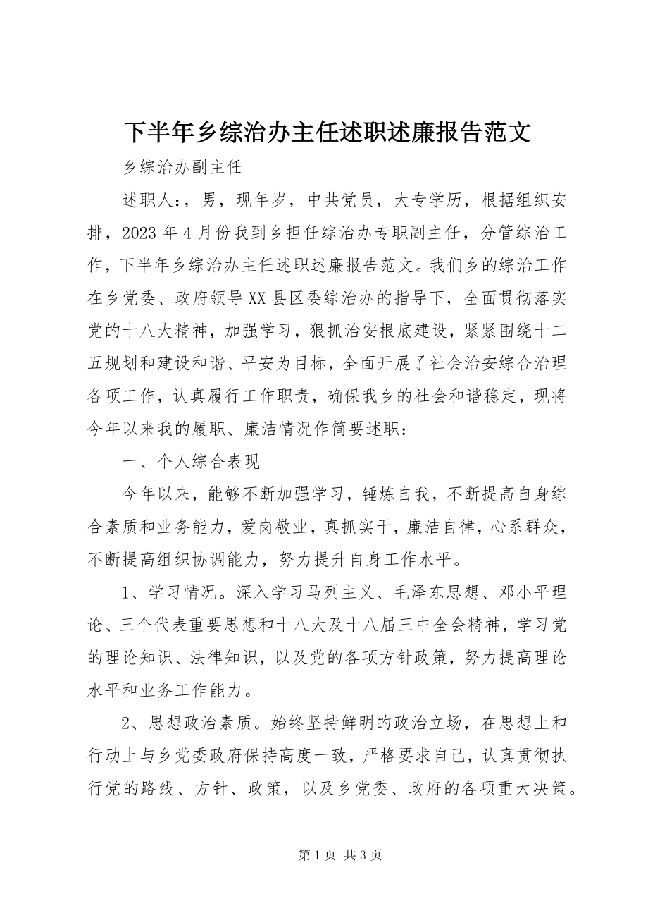 2023年下半年乡综治办主任述职述廉报告.docx_第1页