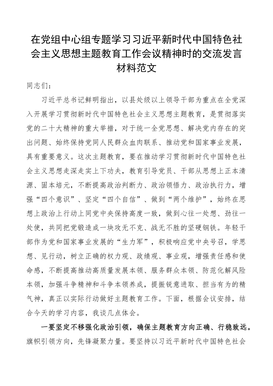 2023年中心组学习新时代特色思想主题教育工作会议精神研讨发言材料心得体会（范文）.docx_第1页