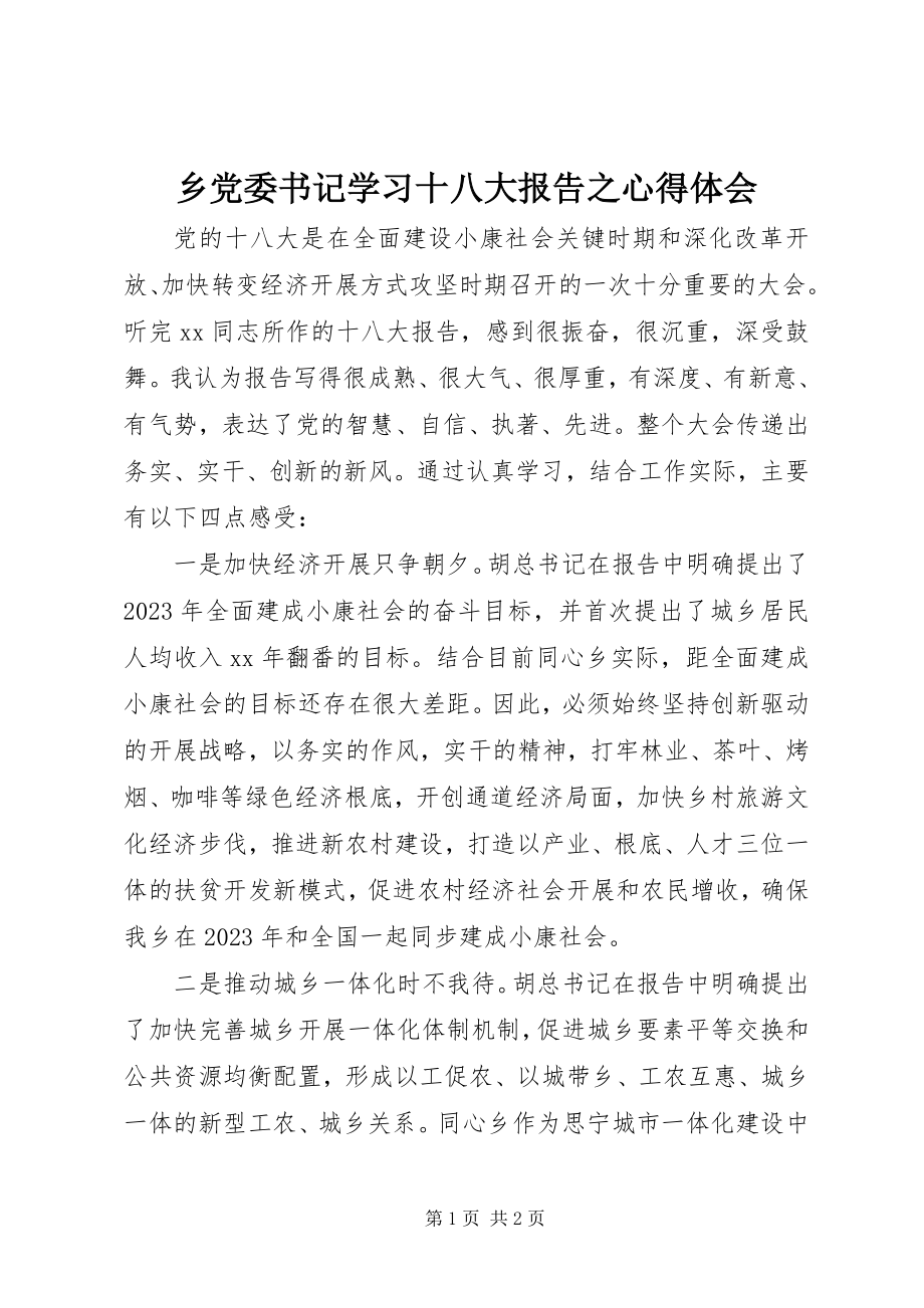 2023年乡党委书记学习十八大报告之心得体会.docx_第1页