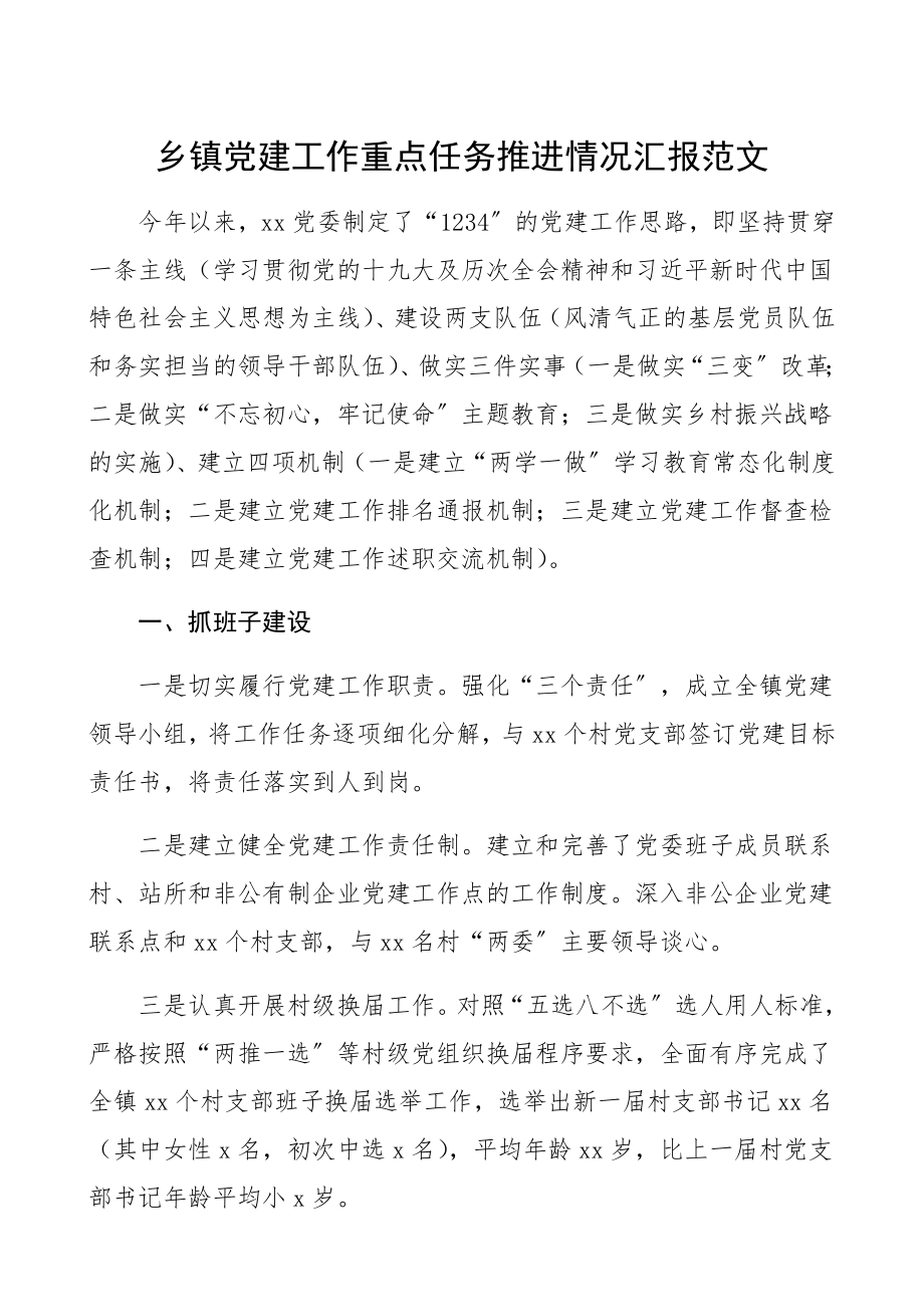 2023年乡镇党建工作重点任务推进情况汇报乡镇基层党建工作总结汇报报告.docx_第1页