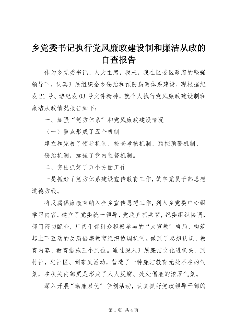 2023年乡党委书记执行党风廉政建设制和廉洁从政的自查报告.docx_第1页