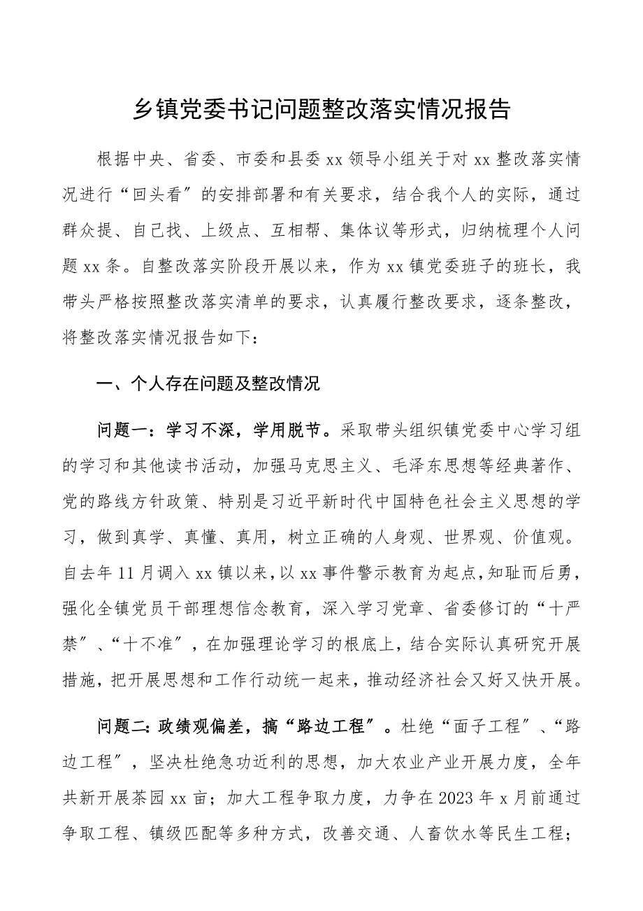 2023年乡镇党委书记问题整改落实情况报告总结汇报.docx_第1页