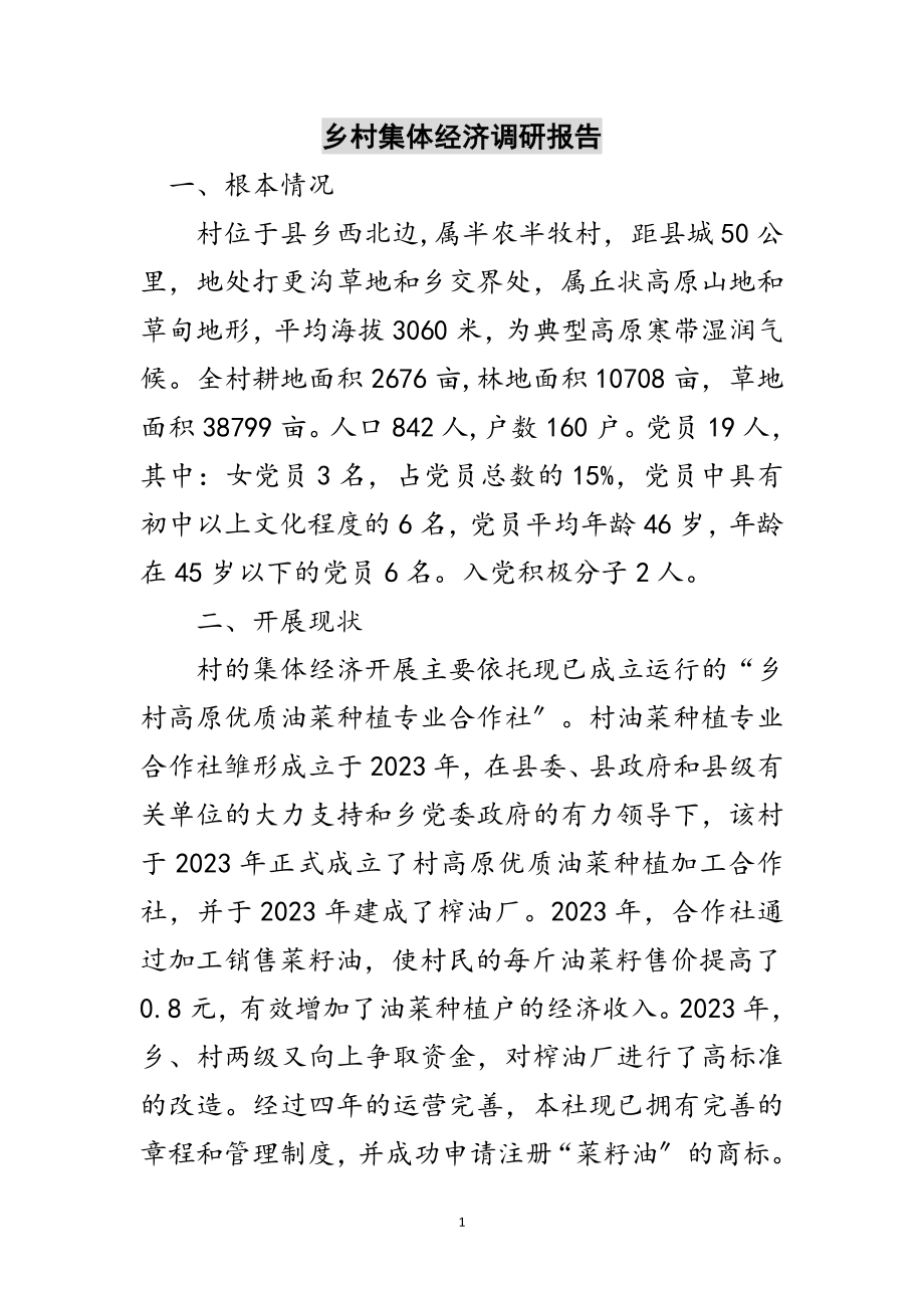 2023年乡村集体经济调研报告范文.doc_第1页