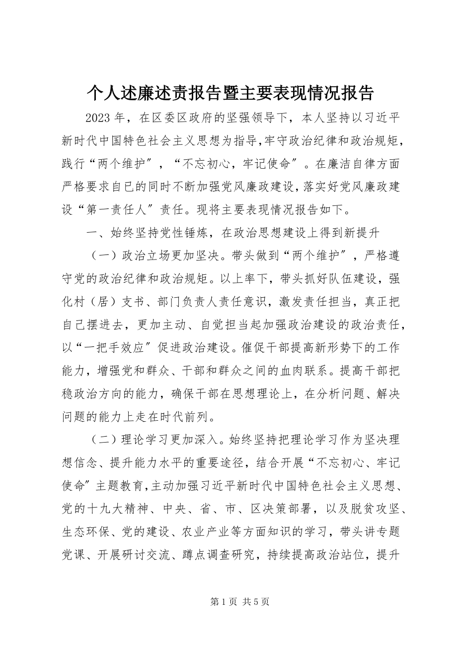 2023年个人述廉述责报告暨主要表现情况报告.docx_第1页