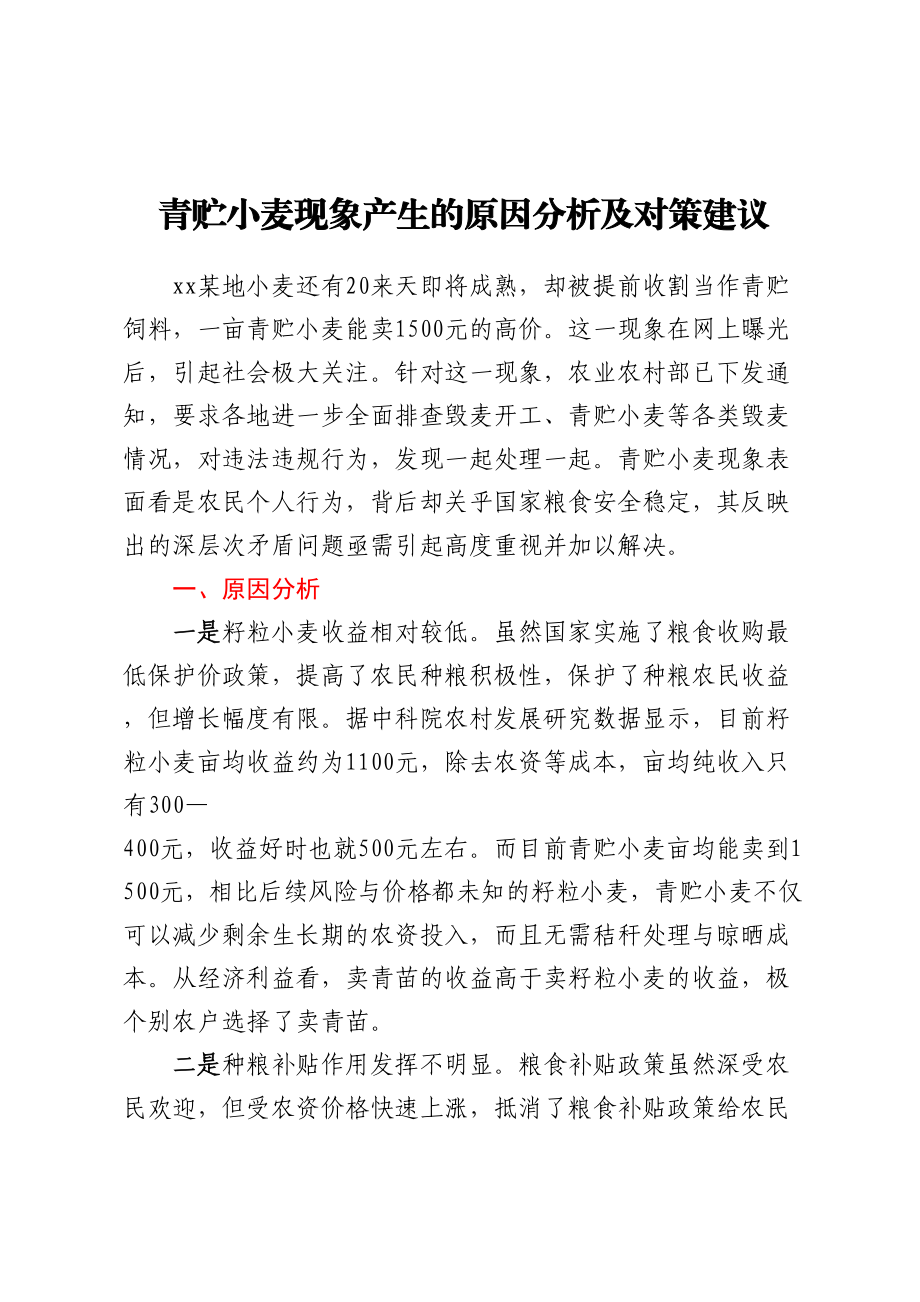 2023年青贮小麦现象产生的原因分析及对策建议（范文）.docx_第1页