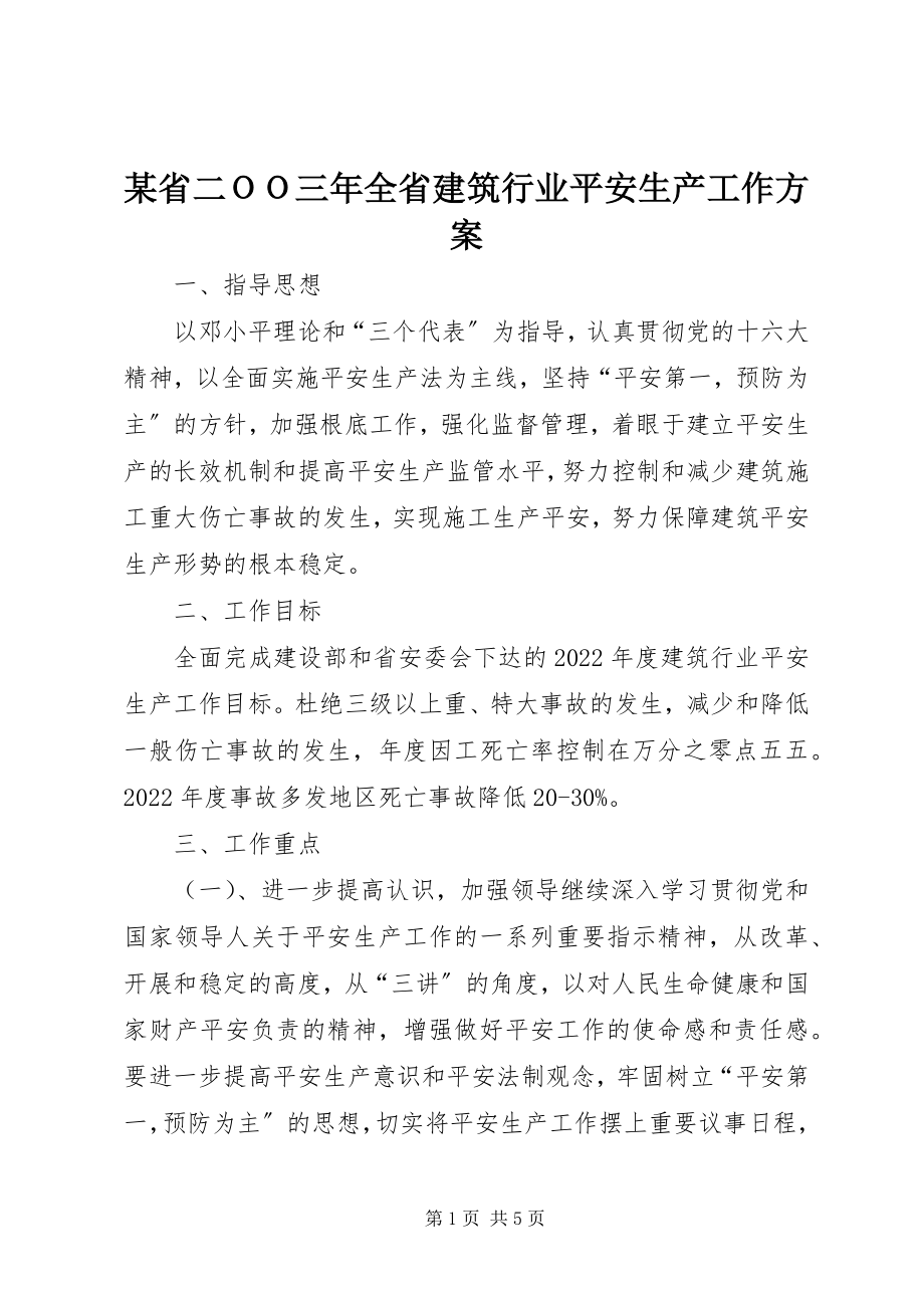 2023年xx省二ＯＯ三年全省建筑行业安全生产工作计划.docx_第1页