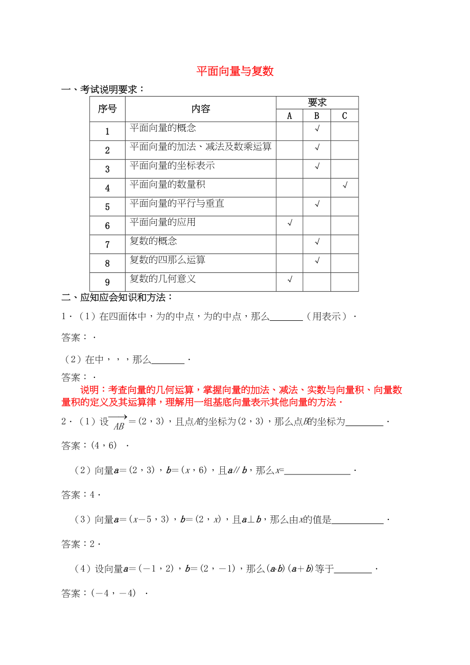 2023年江苏省南京市高三应知应会讲义平面向量与复数教案苏教版.docx_第1页