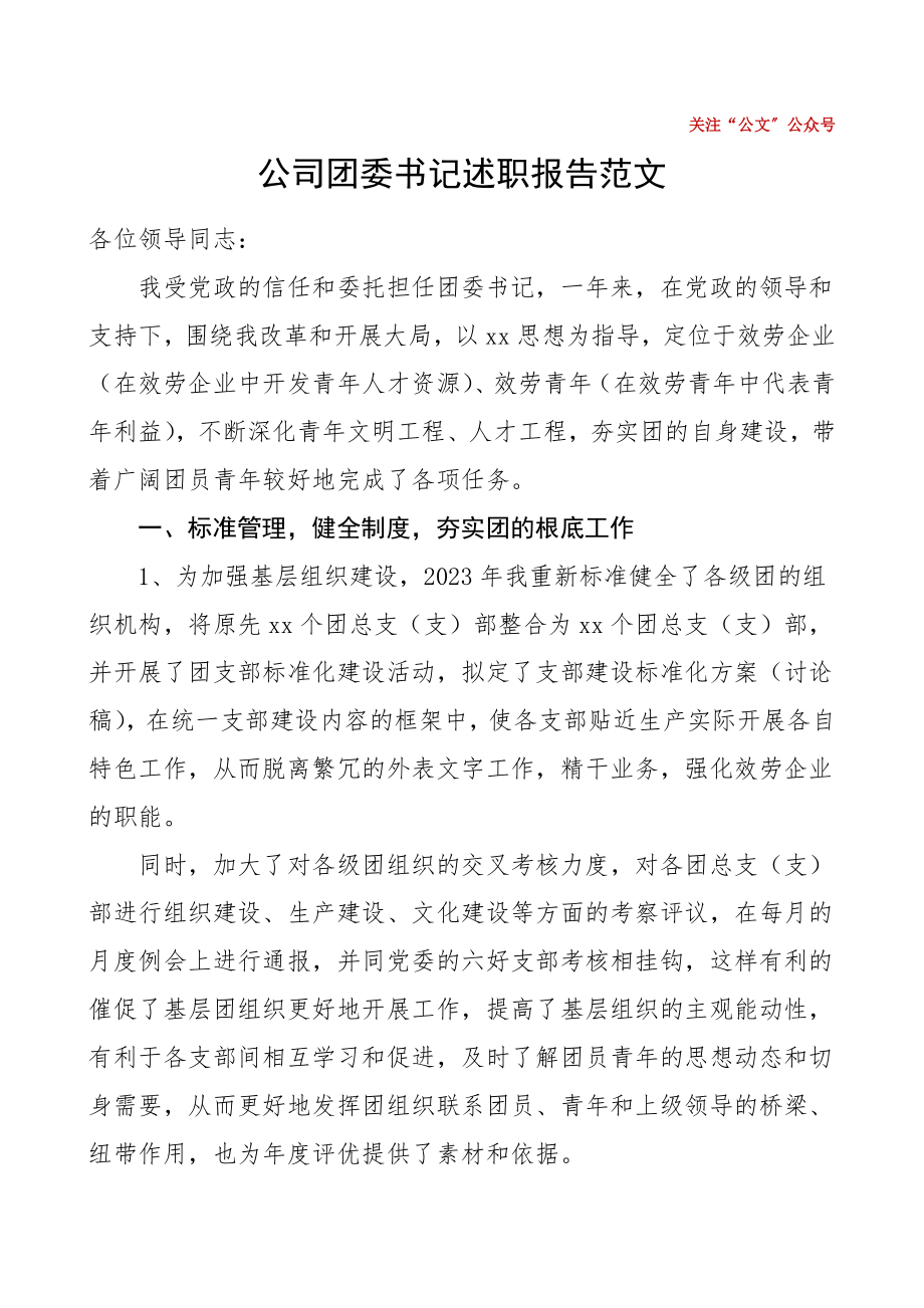 2023年公司团委书记述职报告范文个人工作总结汇报报告.doc_第1页