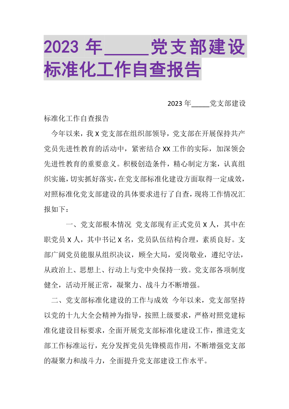 2023年党支部建设标准化工作自查报告.doc_第1页