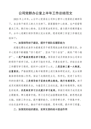 2023年公司党群办公室上半年工作总结范文集团企业工作汇报报告.docx