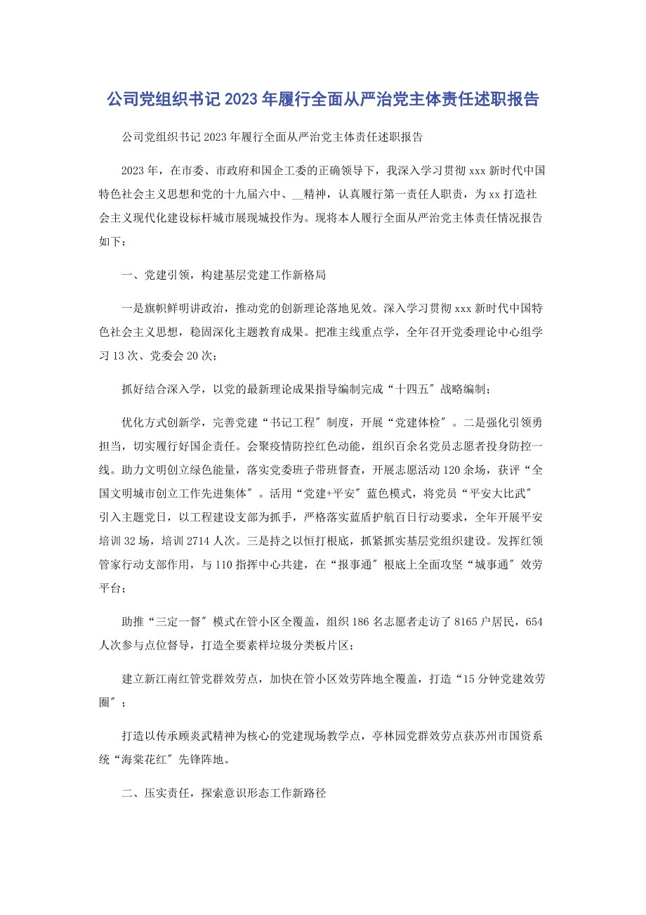 2023年公司党组织书记履行全面从严治党主体责任述职报告2.docx_第1页