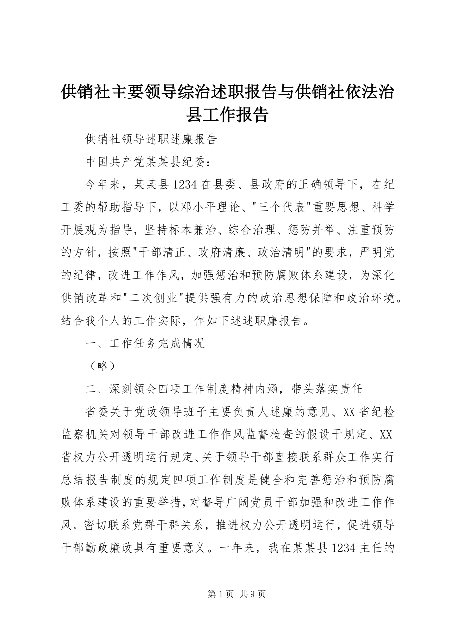 2023年供销社主要领导综治述职报告与供销社依法治县工作报告.docx_第1页