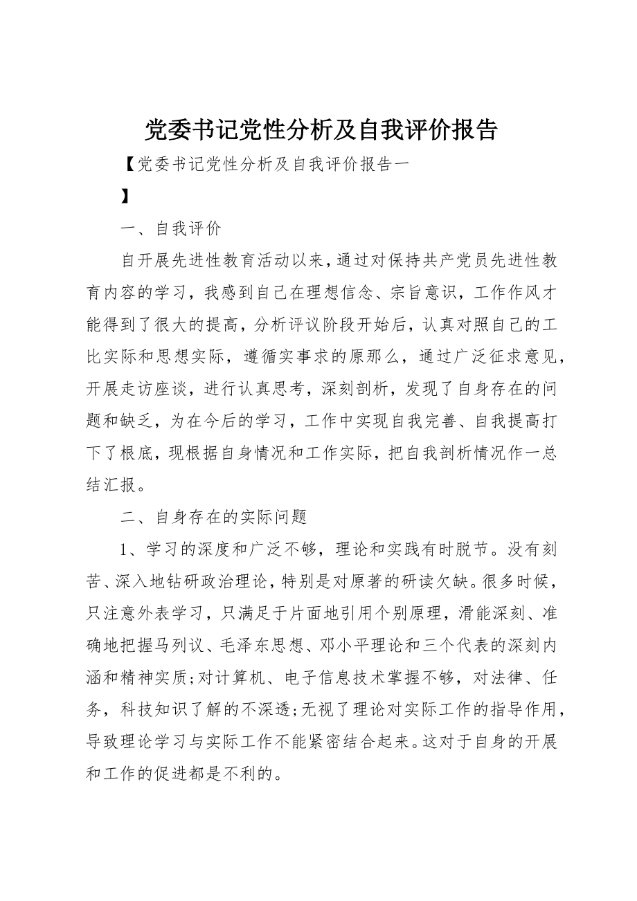 2023年党委书记党性分析及自我评价报告.docx_第1页