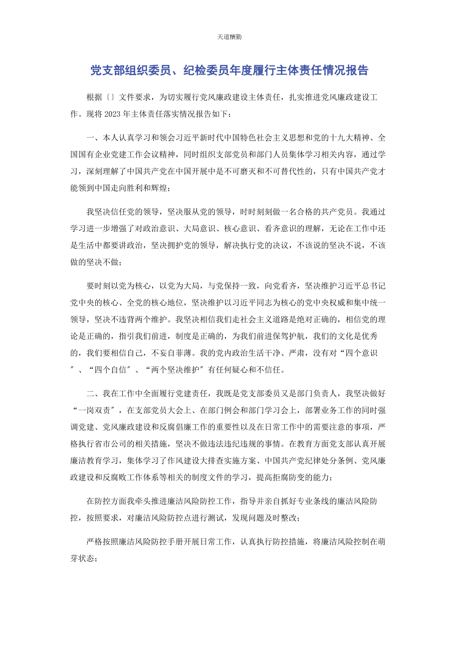 2023年党支部组织委员纪检委员度履行主体责任情况报告.docx_第1页