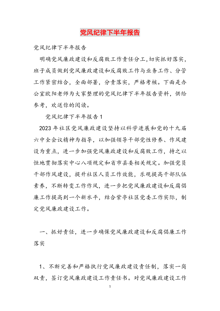 2023年党风纪律下半年计划报告.doc_第1页