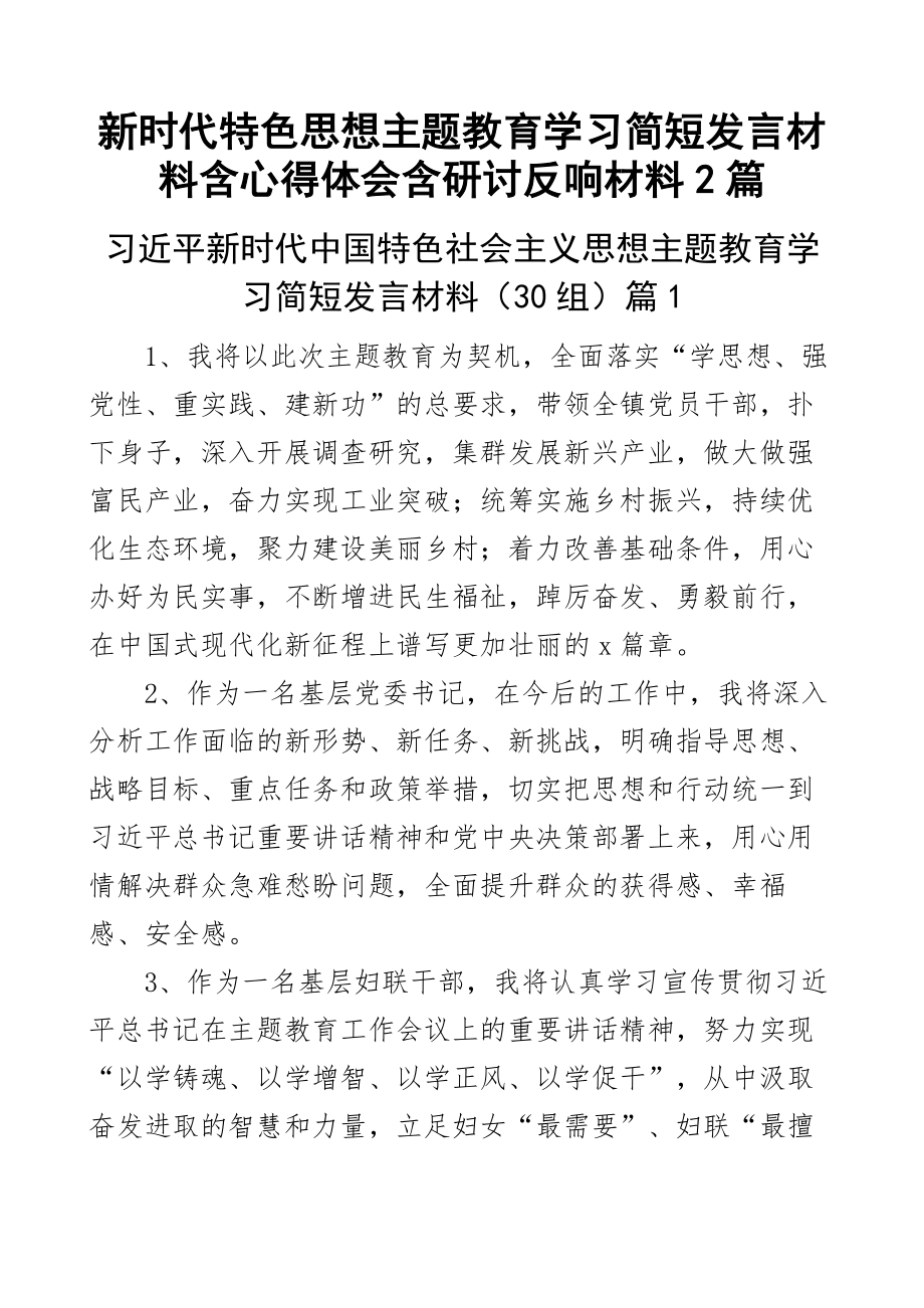 新时代特色思想主题教育学习简短发言材料含心得体会含研讨反响材料2篇.docx_第1页