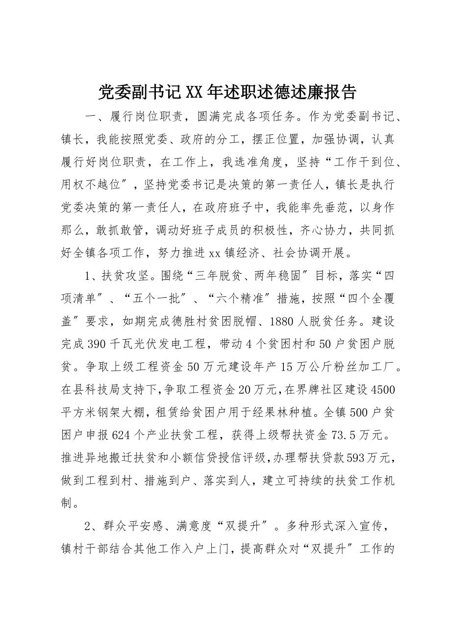 2023年党委副书记某年述职述德述廉报告.docx_第1页