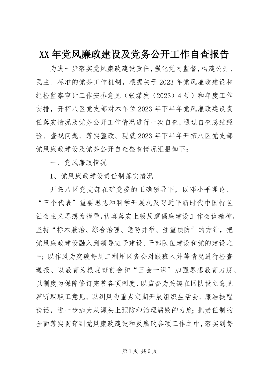 2023年党风廉政建设及党务公开工作自查报告.docx_第1页