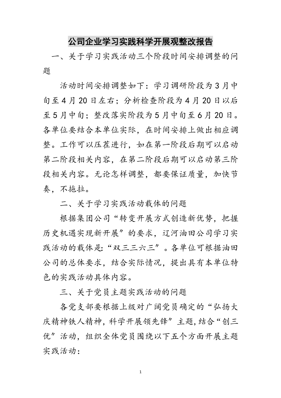 2023年公司企业学习实践科学发展观整改报告范文.doc_第1页