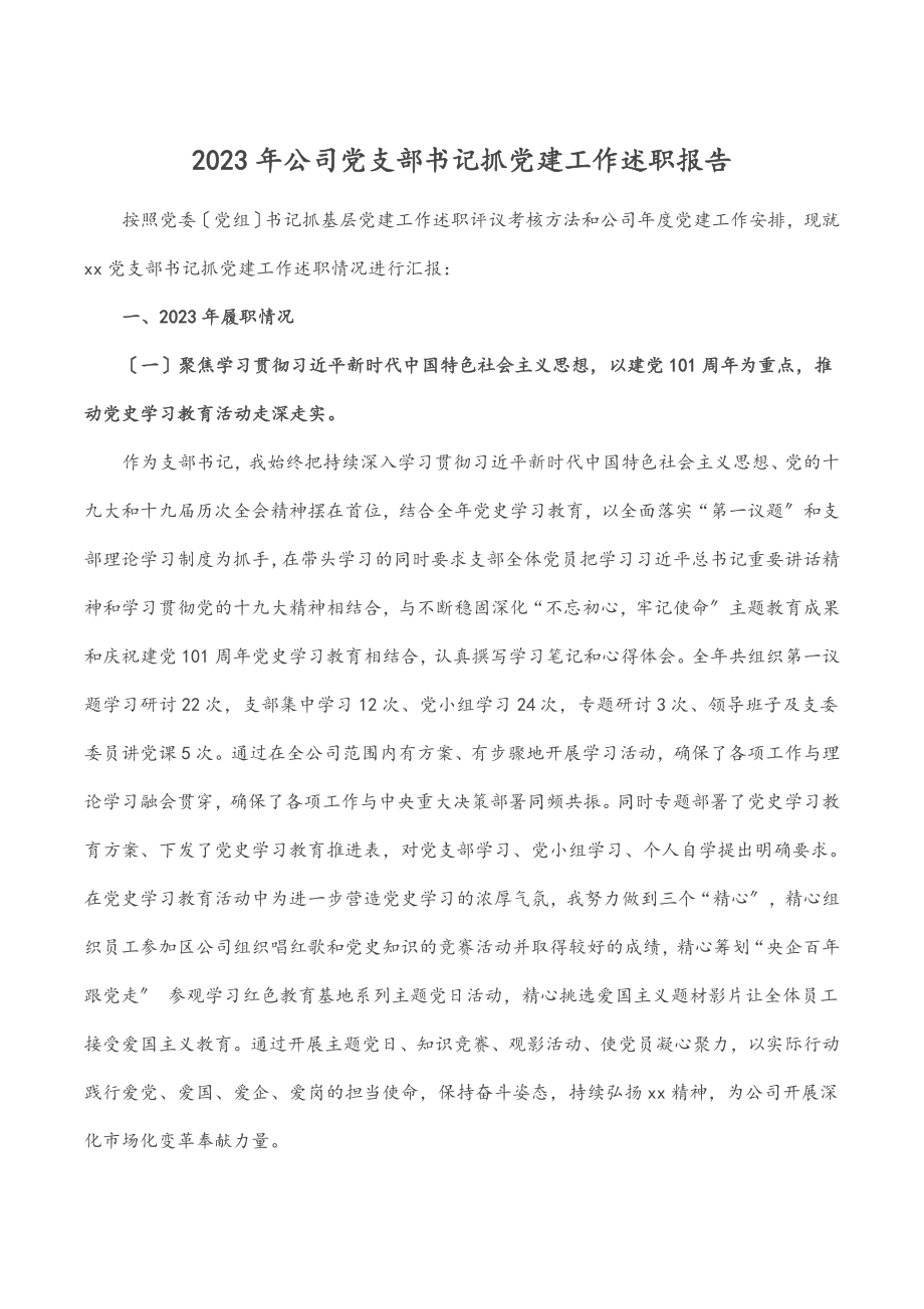 2023年公司党支部书记抓党建工作述职报告.docx_第1页