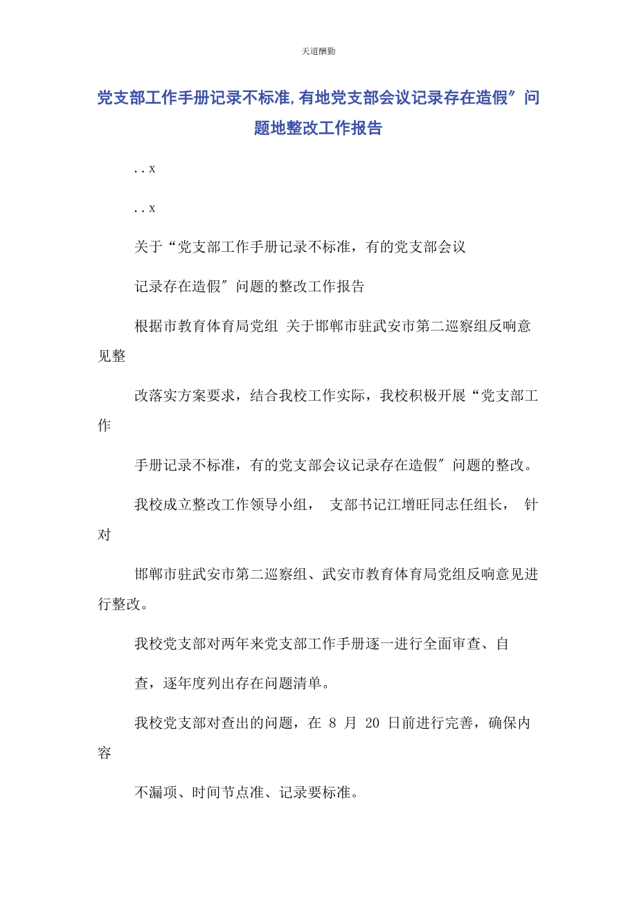 2023年党支部工作手册记录不规范有地党支部会议记录存在造假”问题地整改工作报告.docx_第1页