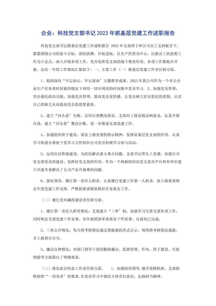 2023年企业科技有限公司党支部书记抓基层党建工作述职报告.docx_第1页