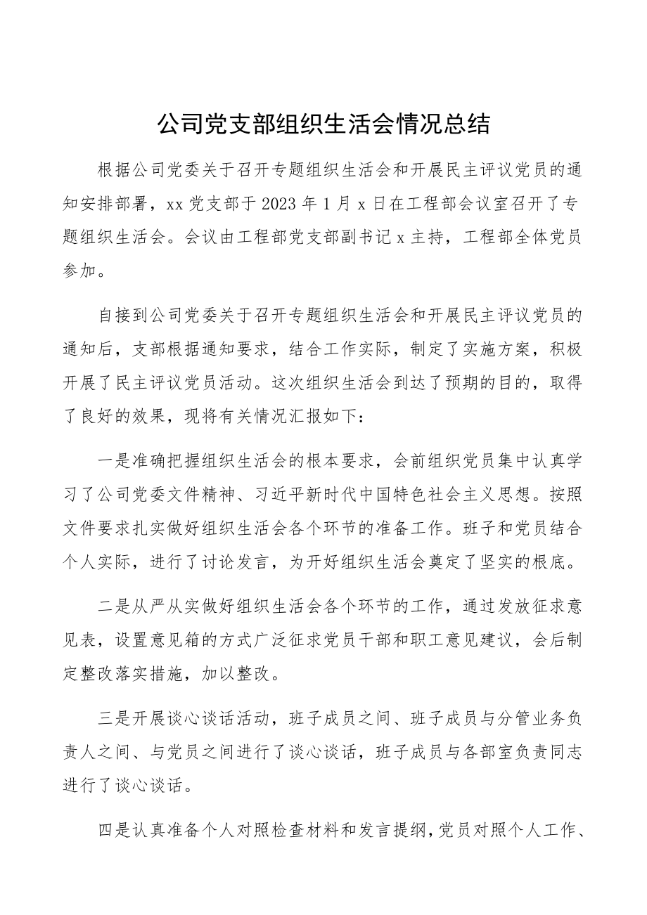 2023年公司党支部组织生活会情况总结工作总结汇报报告.docx_第1页