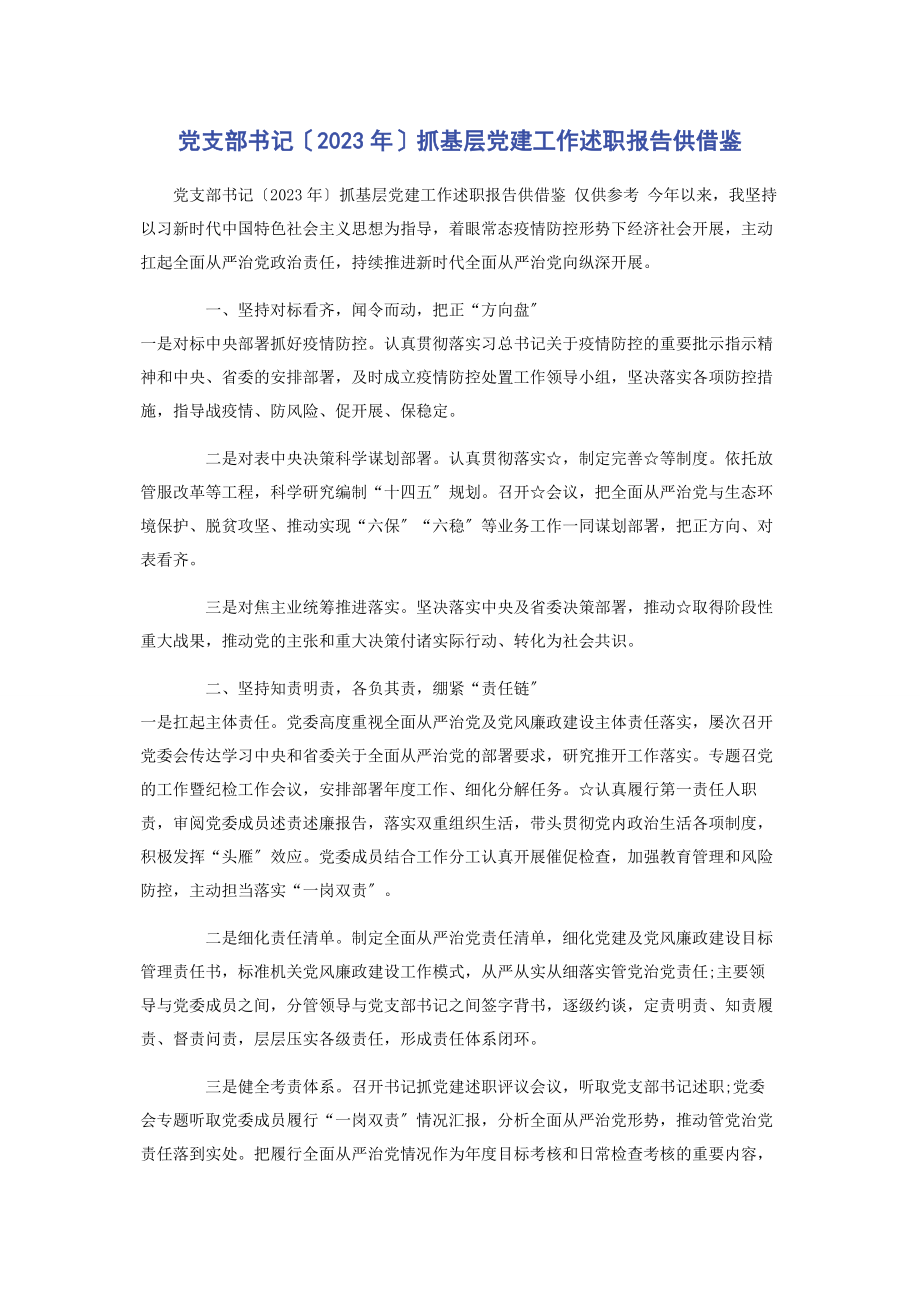 2023年党支部书记抓基层党建工作述职报告供借鉴.docx_第1页