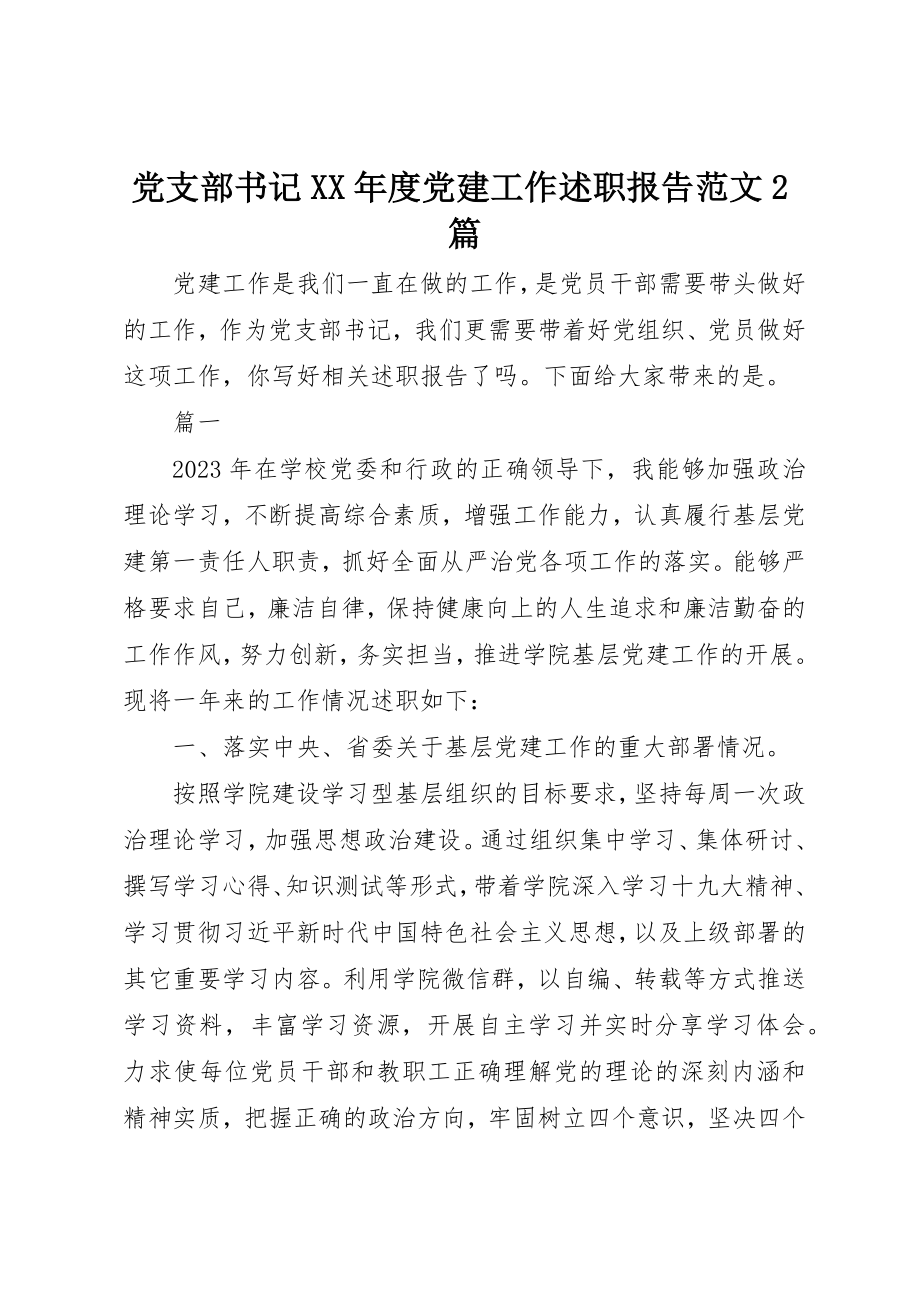 2023年党支部书记某年度党建工作述职报告精选2篇.docx_第1页