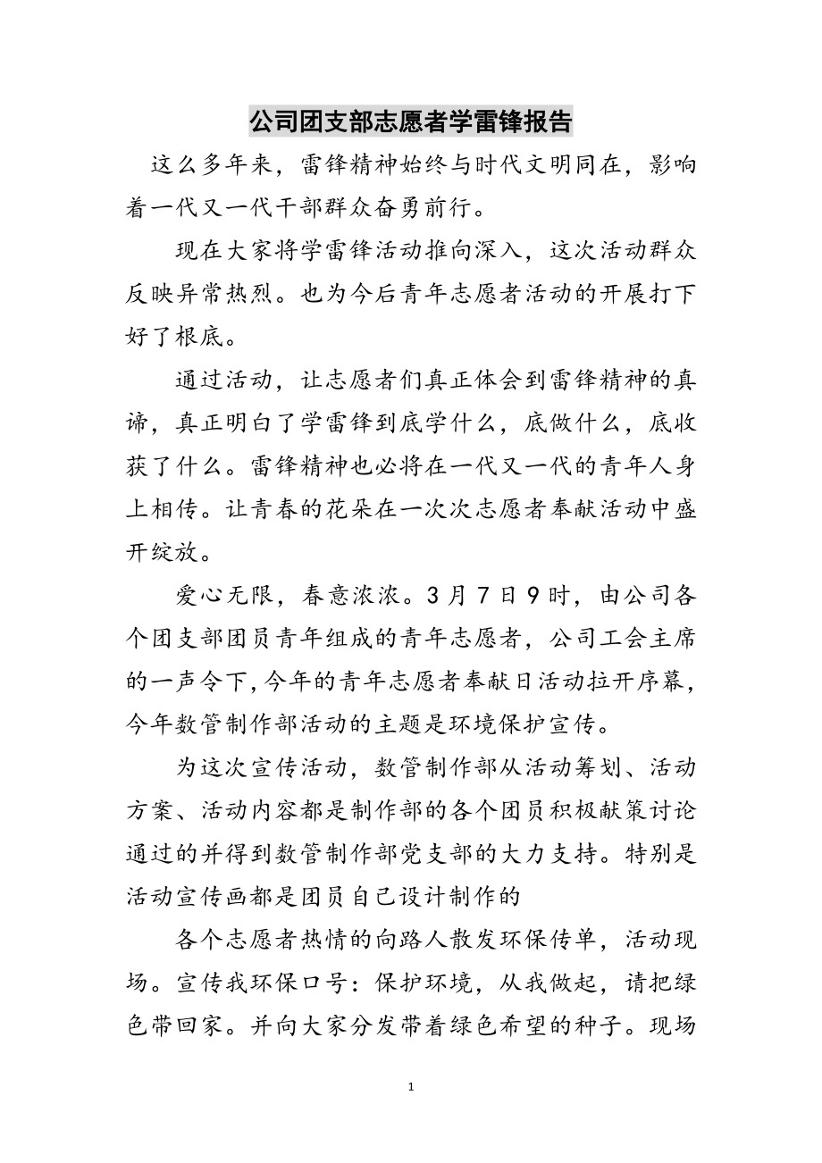 2023年公司团支部志愿者学雷锋报告范文.doc_第1页