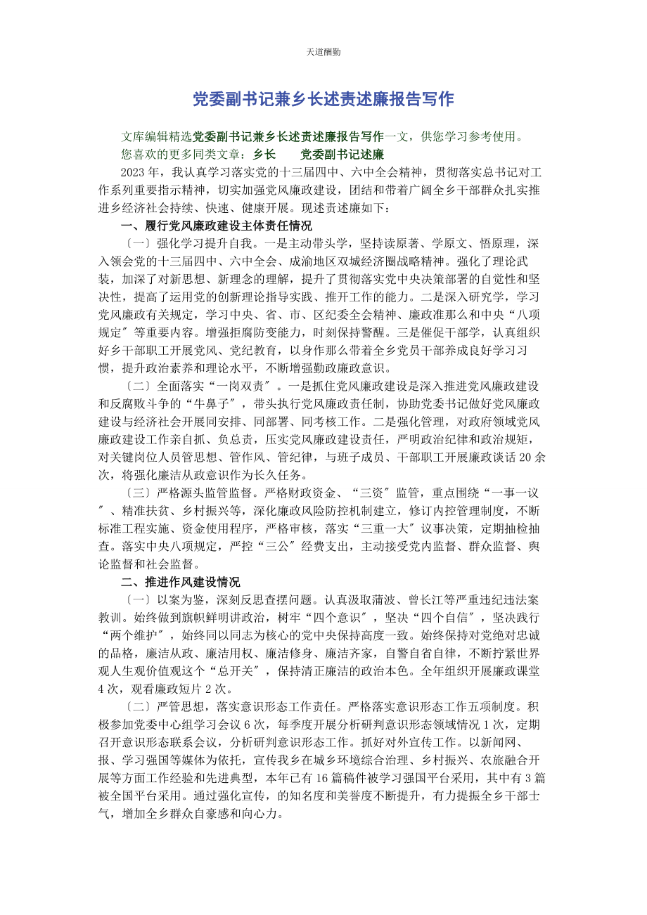 2023年党委副书记兼乡长述责述廉报告写作.docx_第1页