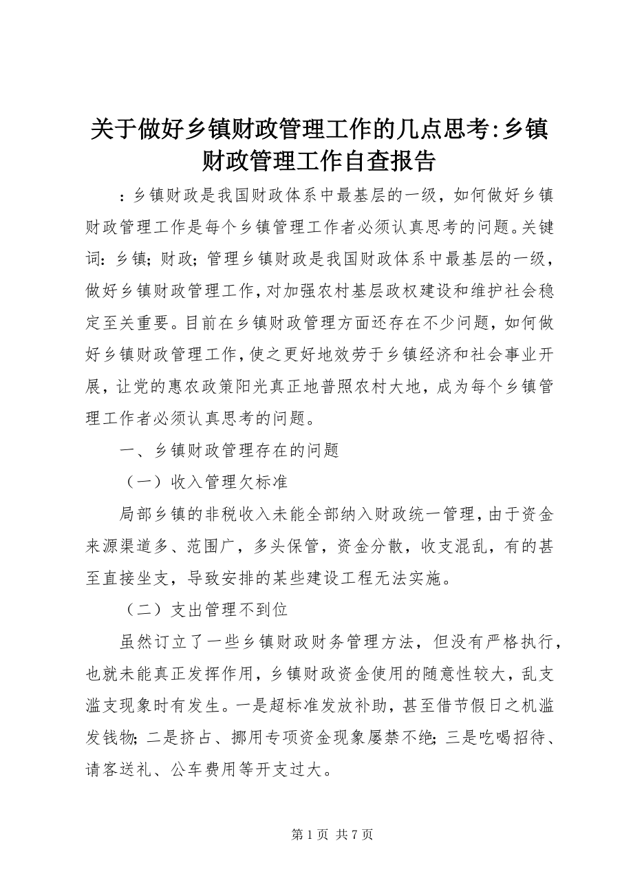 2023年做好乡镇财政管理工作的几点思考乡镇财政管理工作自查报告.docx_第1页