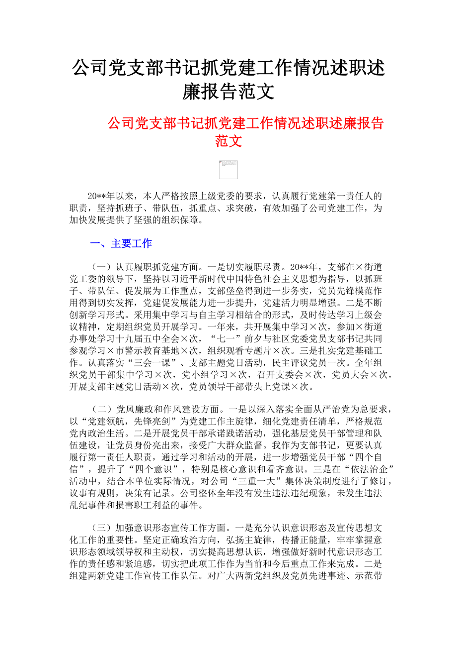 2023年公司党支部书记抓党建工作情况述职述廉报告范文.doc_第1页