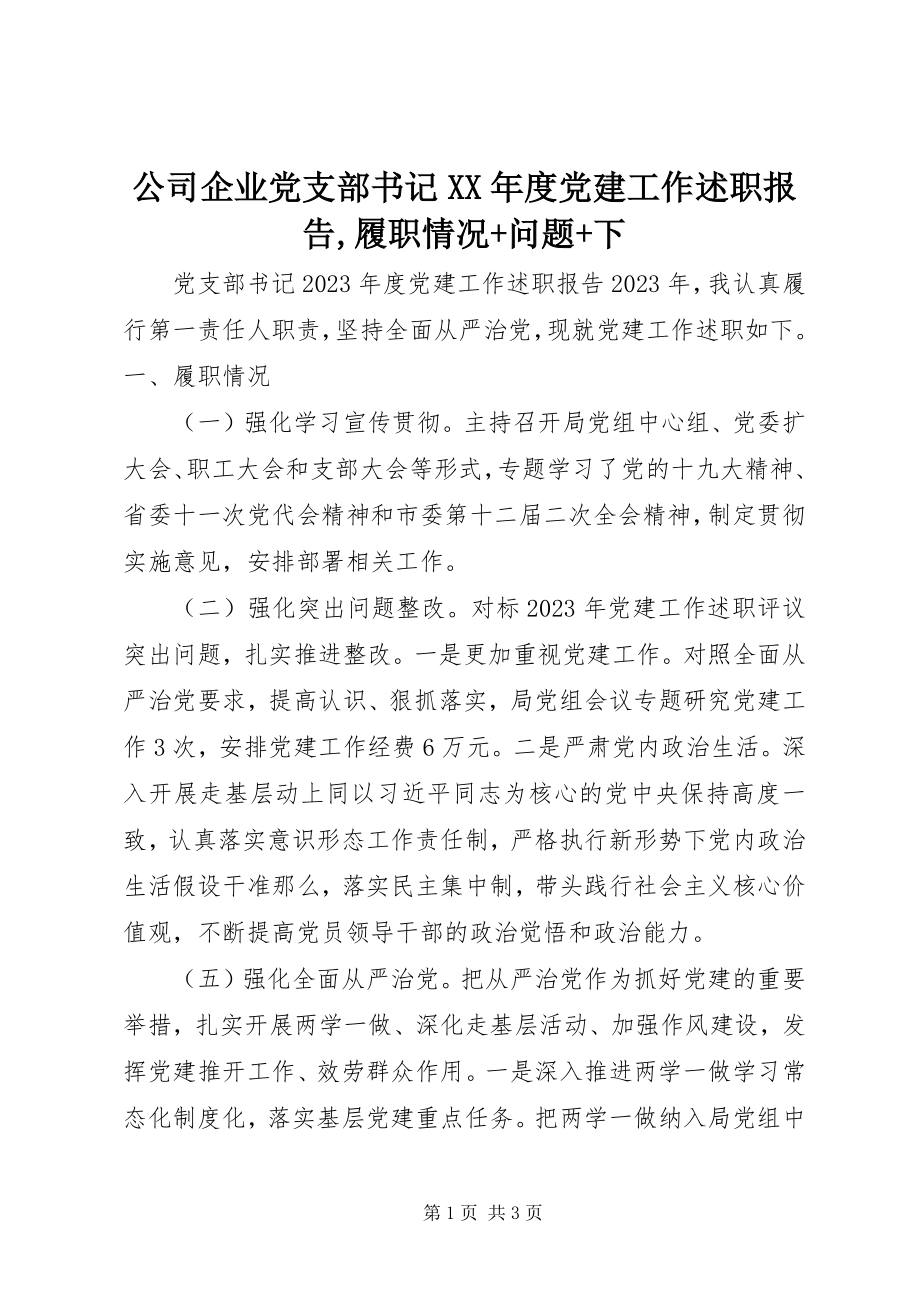 2023年公司企业党支部书记某年度党建工作述职报告履职情况+问题+下.docx_第1页