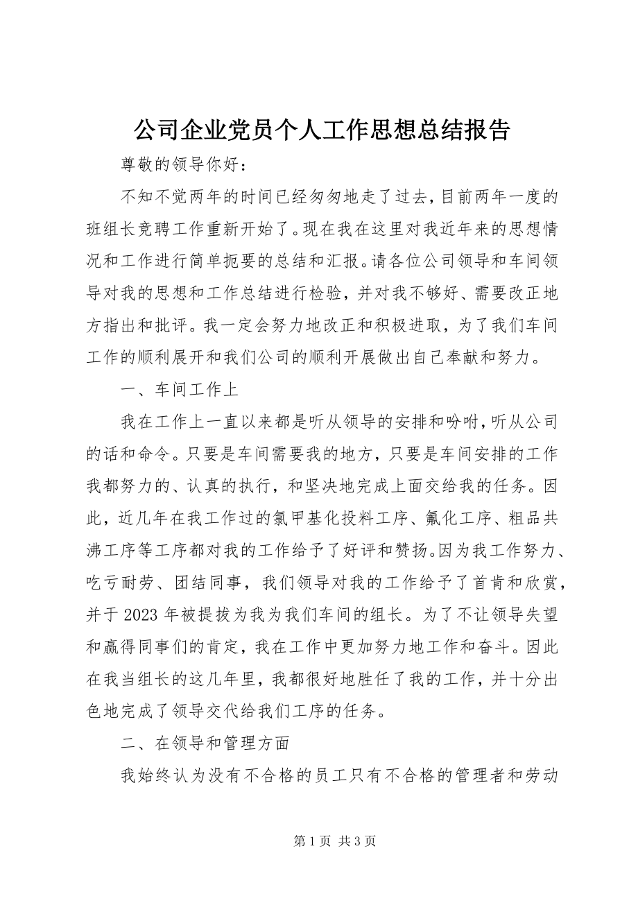 2023年公司企业党员个人工作思想总结报告.docx_第1页