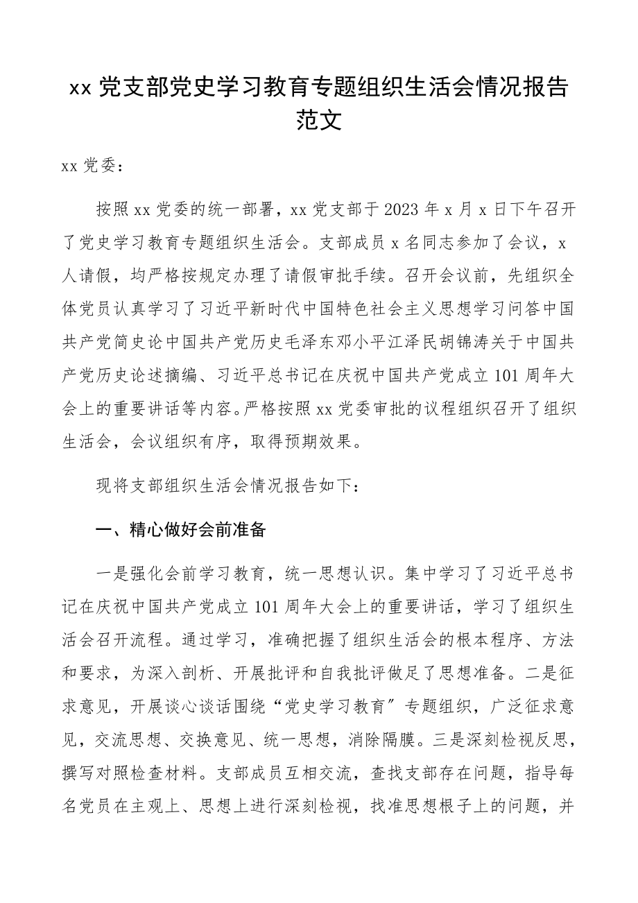 2023年党支部党史学习教育专题组织生活会情况报告供水供气集团公司企业工作汇报总结.docx_第1页