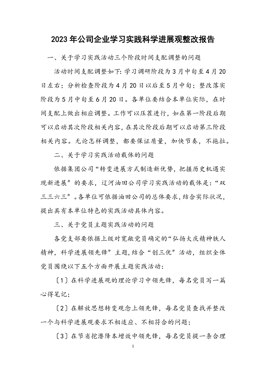 2023年公司企业学习实践科学发展观整改报告.docx_第1页