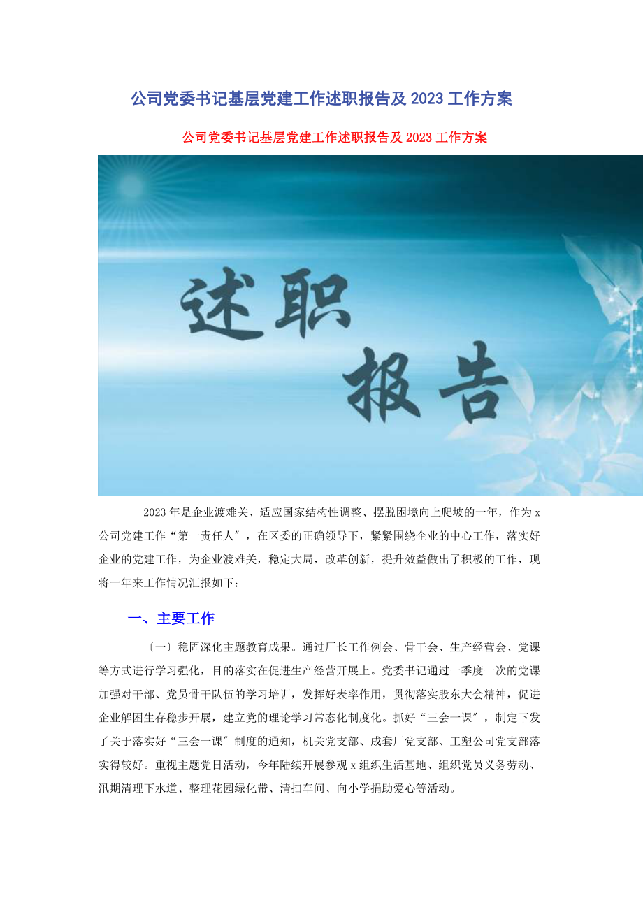 2023年公司党委书记基层党建工作述职报告及工作计划2.docx_第1页