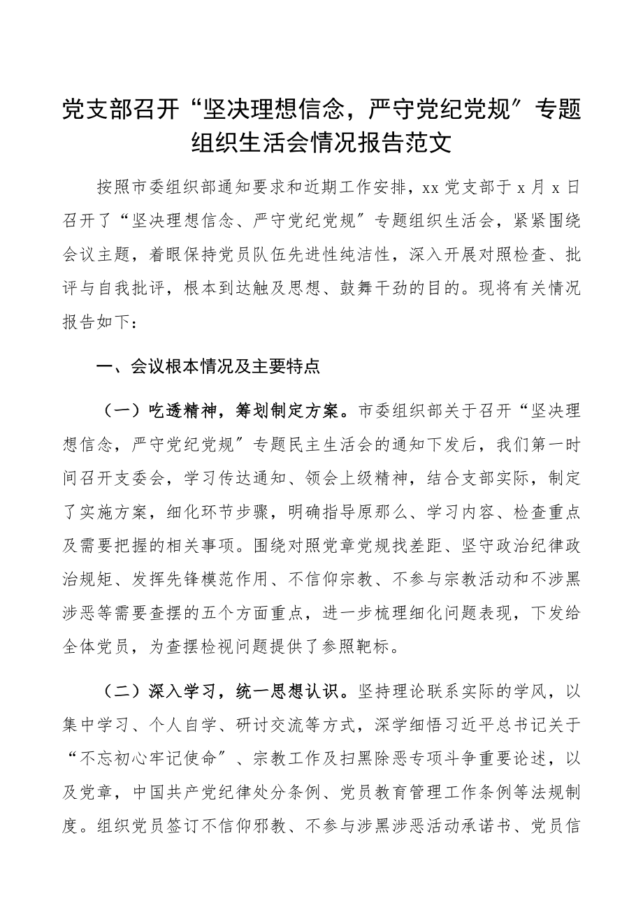 2023年党支部召开“坚定理想信念严守党纪党规”专题组织生活会情况报告情况汇报总结.docx_第1页