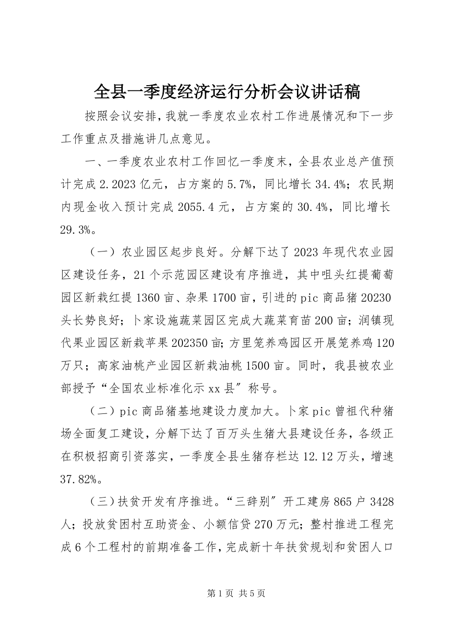 2023年全县一季度经济运行分析会议致辞稿.docx_第1页