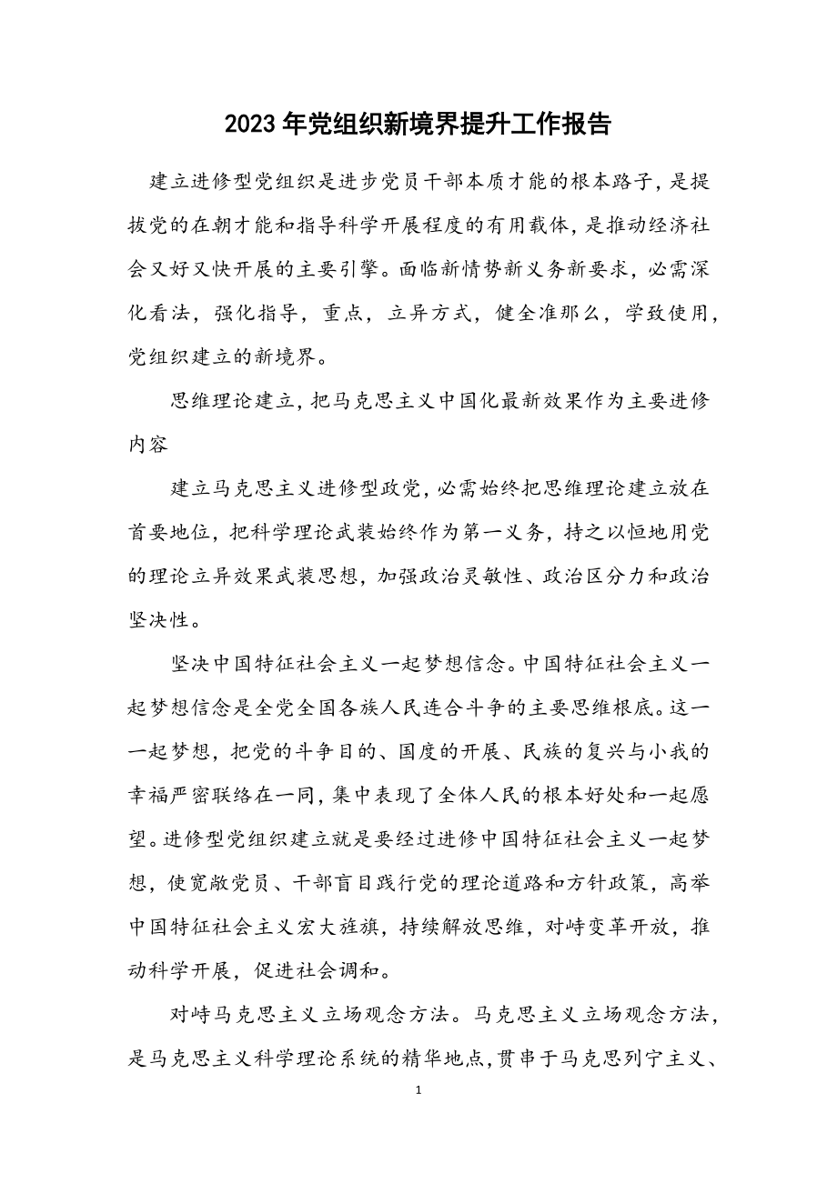 2023年党组织新境界提升工作报告.docx_第1页