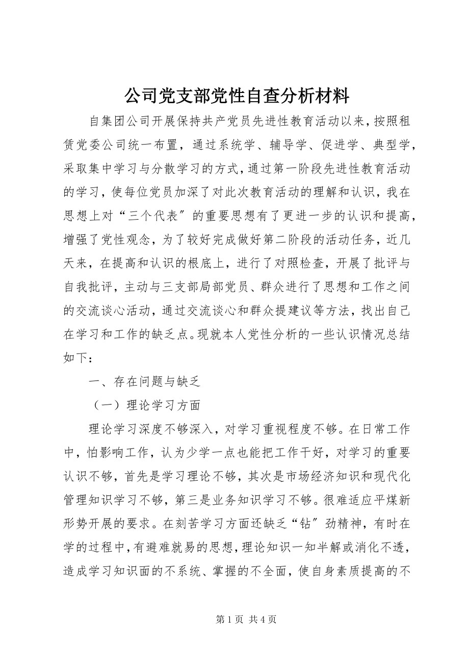 2023年公司党支部党性自查分析材料.docx_第1页